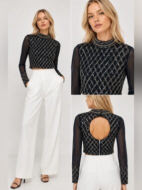 ASOS Lace & Beads sequin and pearl, navy Long-Sleeve Mesh Top, slight crop XS